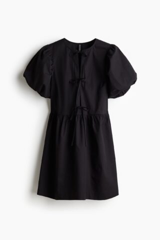 H & M - Popeline jurk met strikbandjes - Zwart