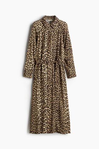 H & M - Overhemdjurk van viscose met strikceintuur - Lichtbeige/Luipaarddessin
