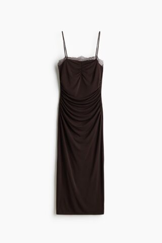 H & M - Tricot jurk met kant - Donkerbruin