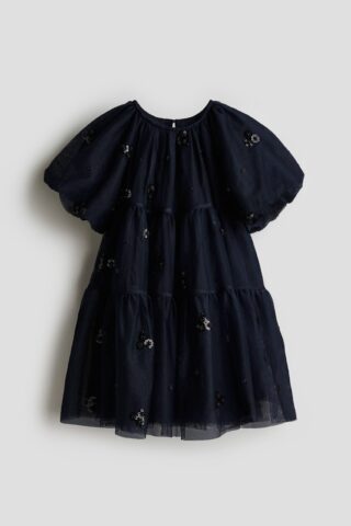 H & M - Tulen jurk met pailletten - Marineblauw