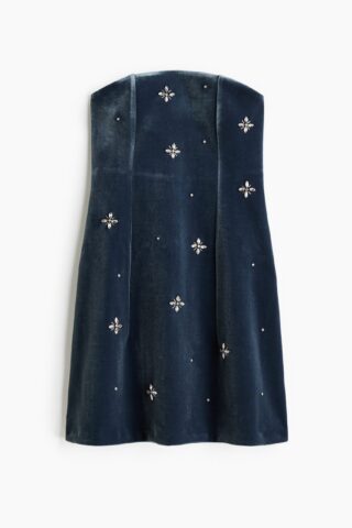 H & M - Gedecoreerde velours jurk - Donkerblauw
