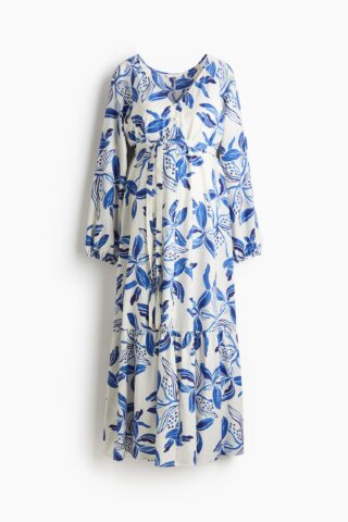 H & M - MAMA Before & After Jurk met strikceintuur - Wit/Blauwe Bloemen