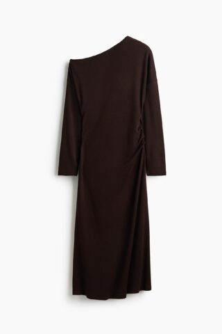 H & M - Tricot one-shoulderjurk - Donkerbruin
