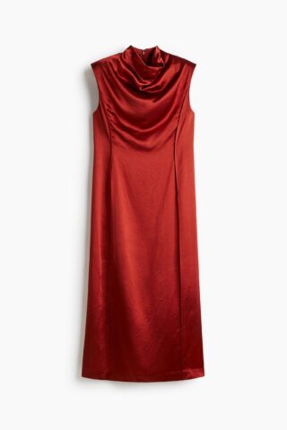 H & M - Satijnen jurk met schoudervullingen - Donkerrood