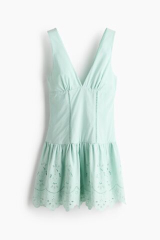 H & M - Jurk met uitlopende rok en broderie anglaise - Lichtturkoois