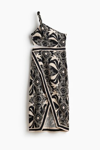 H & M - One-shoulderjurk met cutout - Lichtbeige/Dessin
