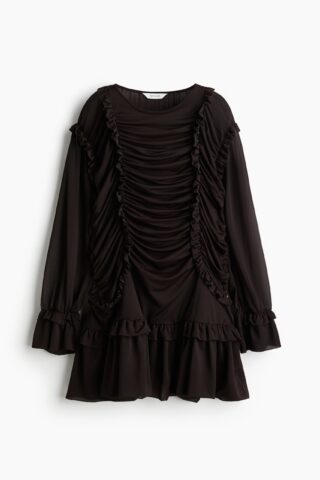 H & M - Gedrapeerde jurk met volants - Donkerbruin