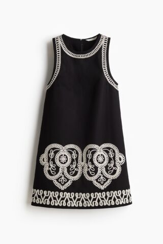 H & M - Shift-jurk met borduursel - Zwart/Wit