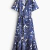 H & M - Twill jurk met dessin - Wit/Blauwe Bloemen