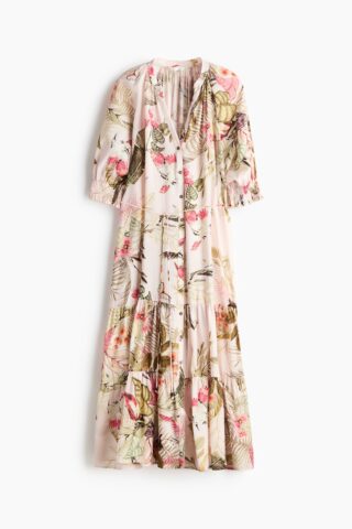 H & M - Midi-jurk met strikceintuur - Lichtroze/Bloemen