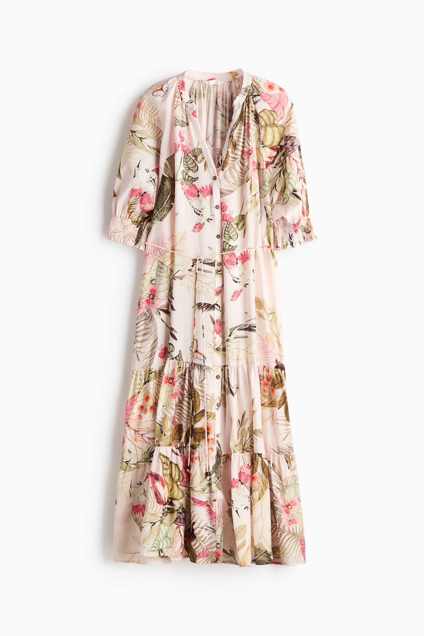 H & M - Midi-jurk met strikceintuur - Lichtroze/Bloemen H & M - Midi-jurk met strikceintuur - Lichtroze/Bloemen