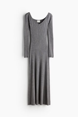 H & M - Ribgebreide off-the-shoulderjurk - Grijs Gemêleerd