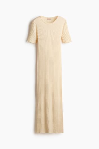 H & M - Ribgebreide T-shirtjurk - Bleekgeel