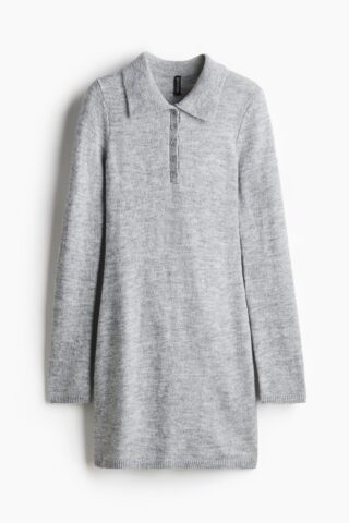 H & M - Fijngebreide jurk met col - Lichtgrijs Gemêleerd