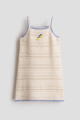 H & M - Katoenen jurk met borduursel - Lichtbeige/Citroenen