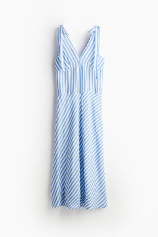 H & M - Jurk van linnenmix met strikbandjes - Blauw/Gestreept