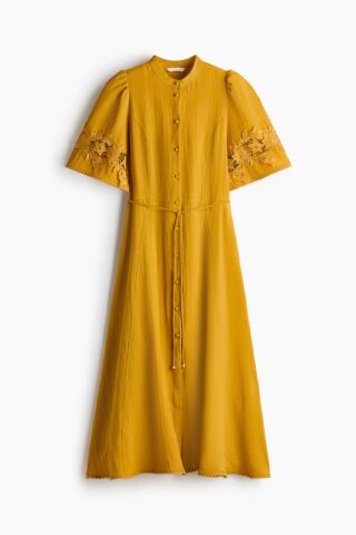 H & M - Crinkle-jurk met broderie anglaise - Donkergeel