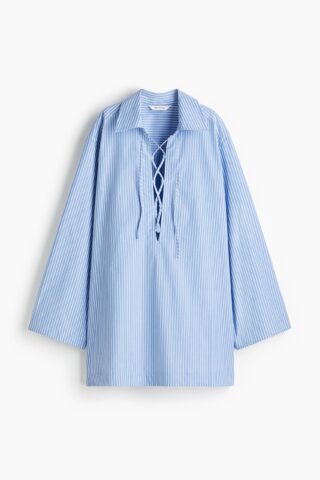 H & M - Overhemdjurk met rijgsluiting - Blauw/Wit Gestreept
