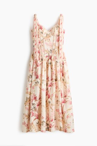 H & M - Jurk van linnenmix met strikbandjes - Lichtbeige/Bloemen