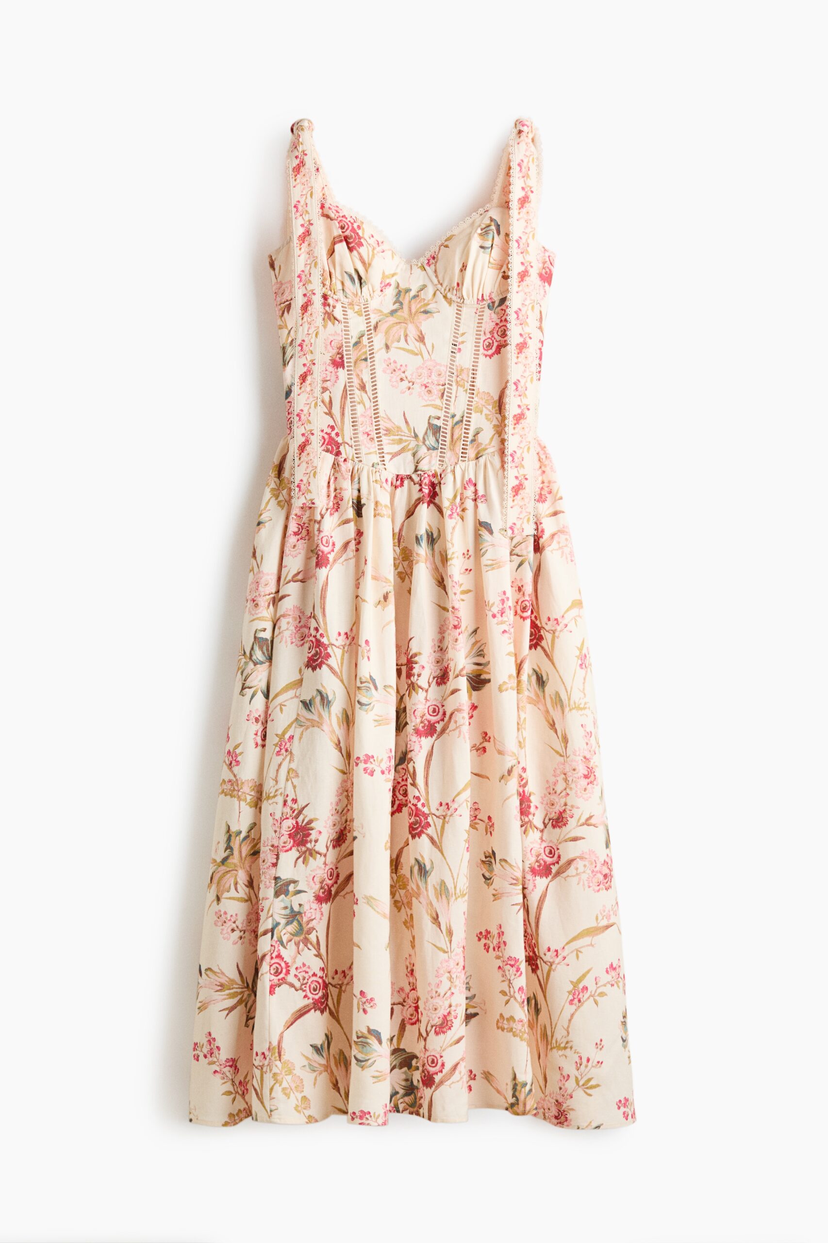 H & M - Jurk van linnenmix met strikbandjes - Lichtbeige/Bloemen H & M - Jurk van linnenmix met strikbandjes - Lichtbeige/Bloemen
