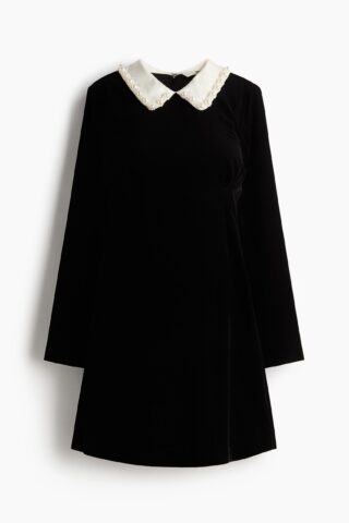 H & M - MAMA Fluwelen jurk met kraag - Zwart/Roomwit