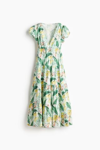 H & M - Popeline jurk met strokenrok - Wit/Bloemen