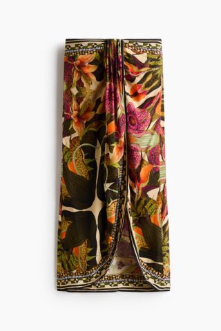 H & M - Midirok met draperie - Helderoranje/Bloemen