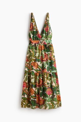 H & M - Katoenen jurk met ceintuur - Donkergroen/Bloemen
