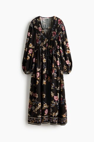 H & M - Jurk met strikbanden en print - Zwart/Bloemen