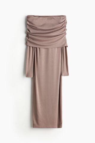 H & M - Off-the-shoulderjurk met omslag - Taupe