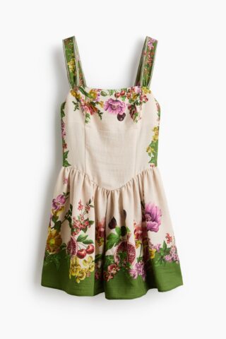 H & M - Jurk met uitlopende rok - Lichtbeige/Bloemen