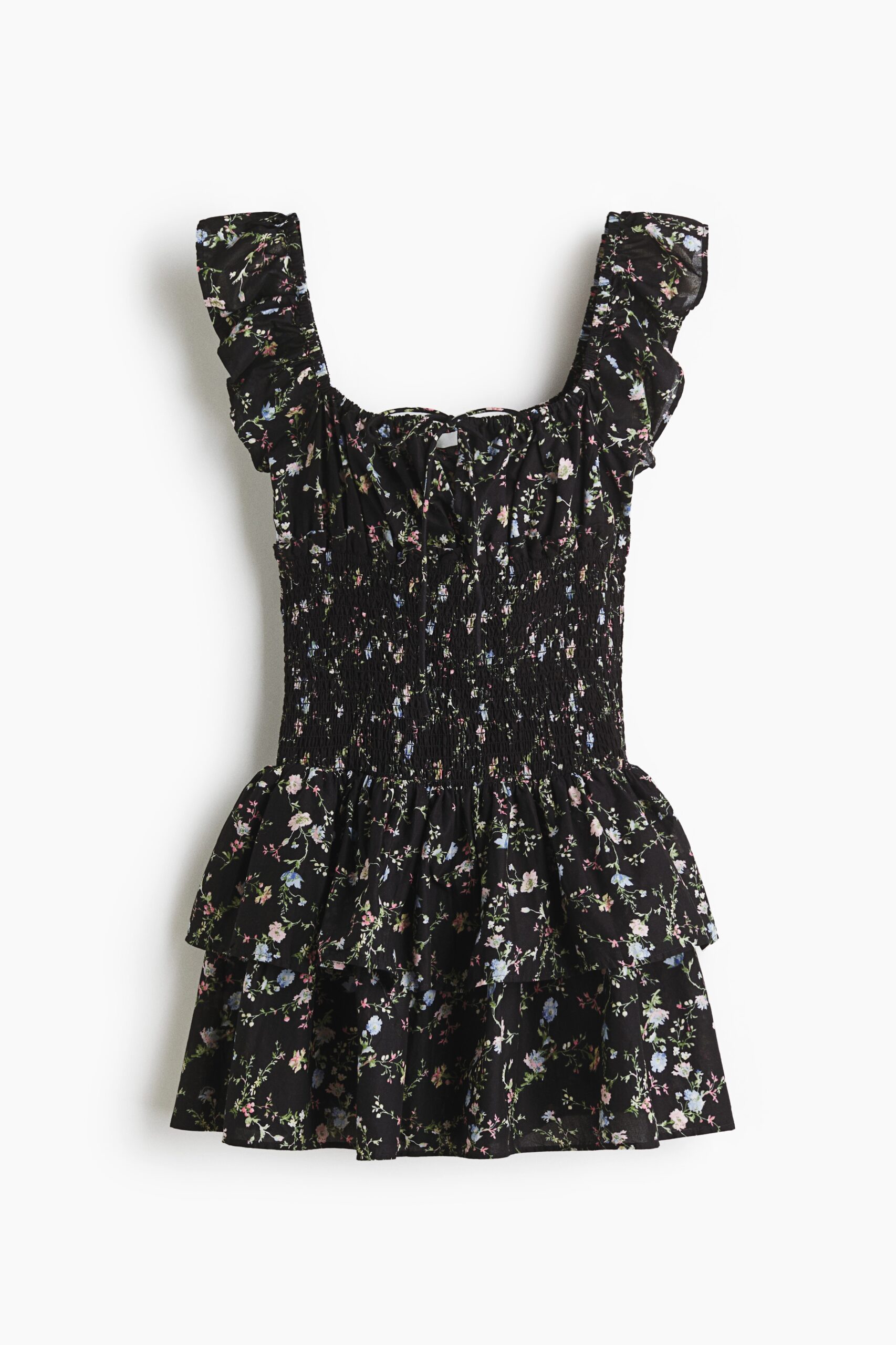 H & M - Jurk met gesmokte taille - Zwart/Bloemen