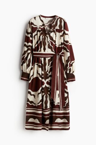 H & M - Kaftanjurk met strikceintuur - Bruin/Dessin