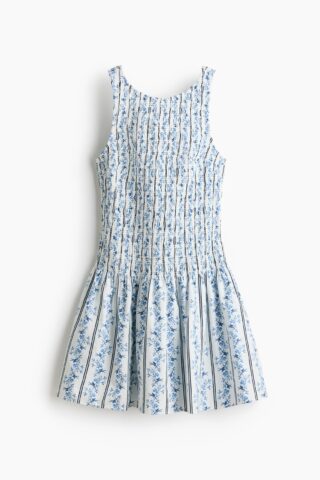 H & M - Katoenen jurk met smokwerk - Wit/Blauwe Bloemen