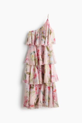 H & M - One-shoulder strokenjurk van linnenmix - Lichtroze/Bloemen