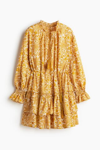 H & M - Volantjurk met strikceintuur - Donkergeel/Dessin
