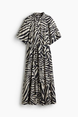 H & M - Overhemdjurk met strikceintuur - Roomwit/Zebradessin
