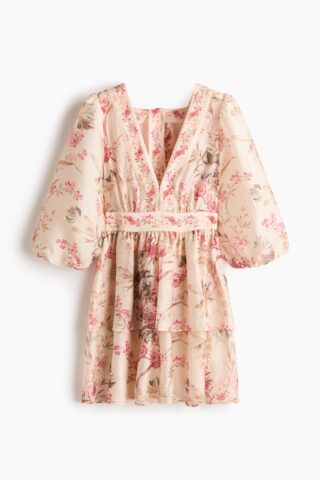 H & M - Jurk van linnenmix - Lichtbeige/Bloemen