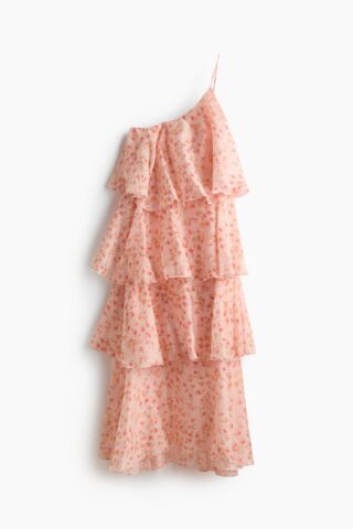 H & M - One-shoulder strokenjurk van linnenmix - Lichtroze/Bloemen