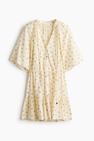 H & M - Overhemdjurk met strikceintuur - Lichtbeige/Citroenen
