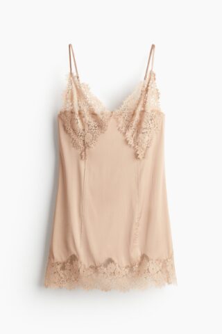 H & M - Satijnen jurk met kant - Lichtbeige