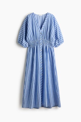 H & M - Doorknoopjurk met smokwerk - Blauw/Gestreept