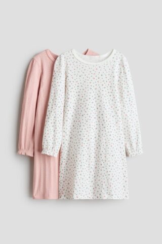 H & M - Set van 2 katoenen nachthemden met print - Dusty Roze/Bloemen