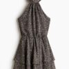H & M - Halterjurk van chiffon - Donkergrijs/Bloemen