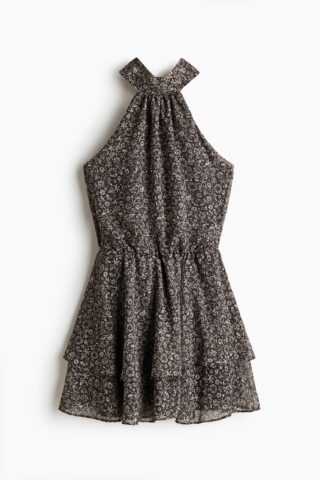H & M - Halterjurk van chiffon - Donkergrijs/Bloemen