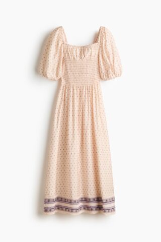 H & M - Jurk met gesmokte taille - Lichtbeige/Bloemen