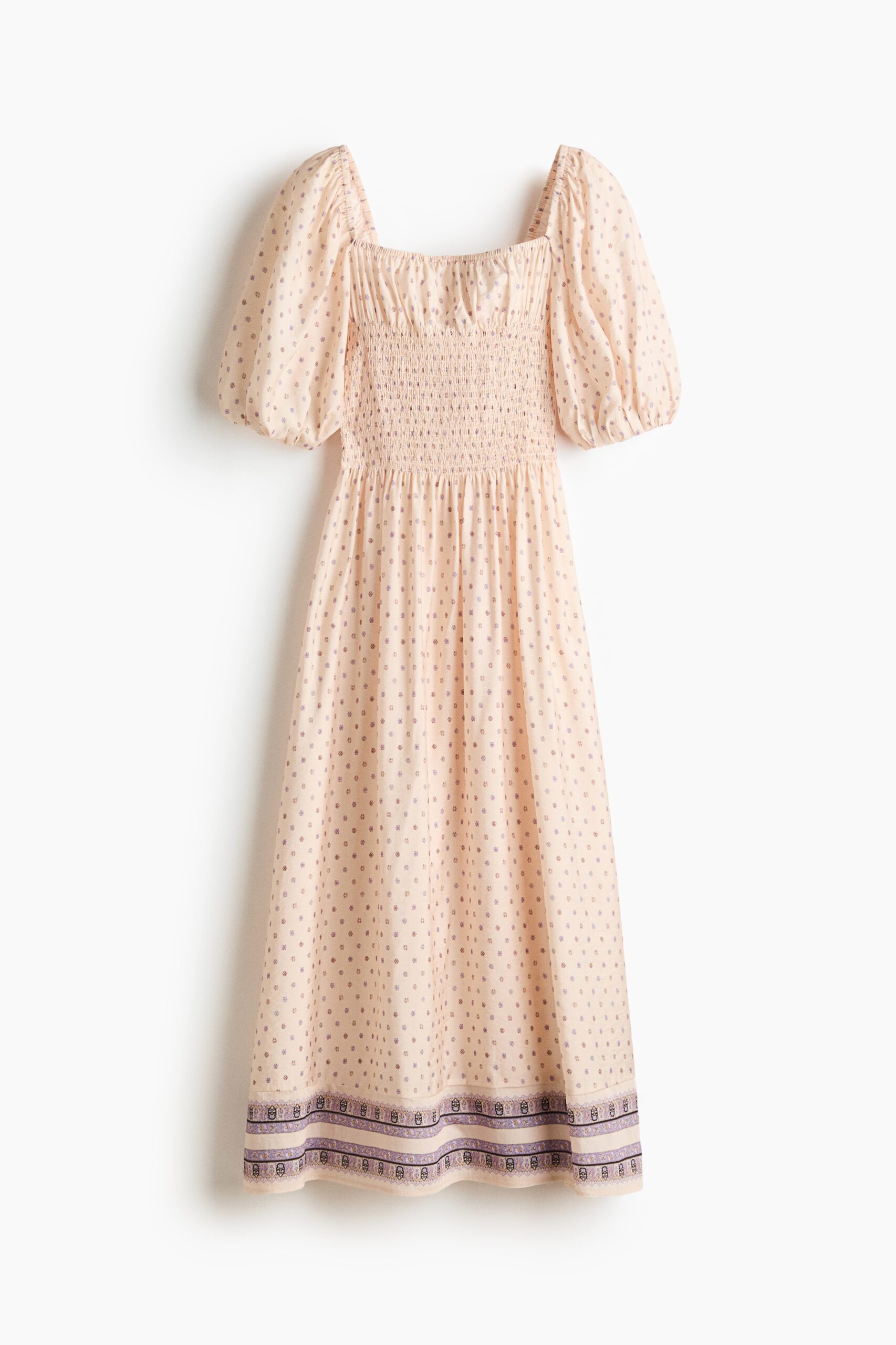 H & M - Jurk met gesmokte taille - Lichtbeige/Bloemen