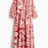 H & M - Halflange strokenjurk - Helderrood/Dessin