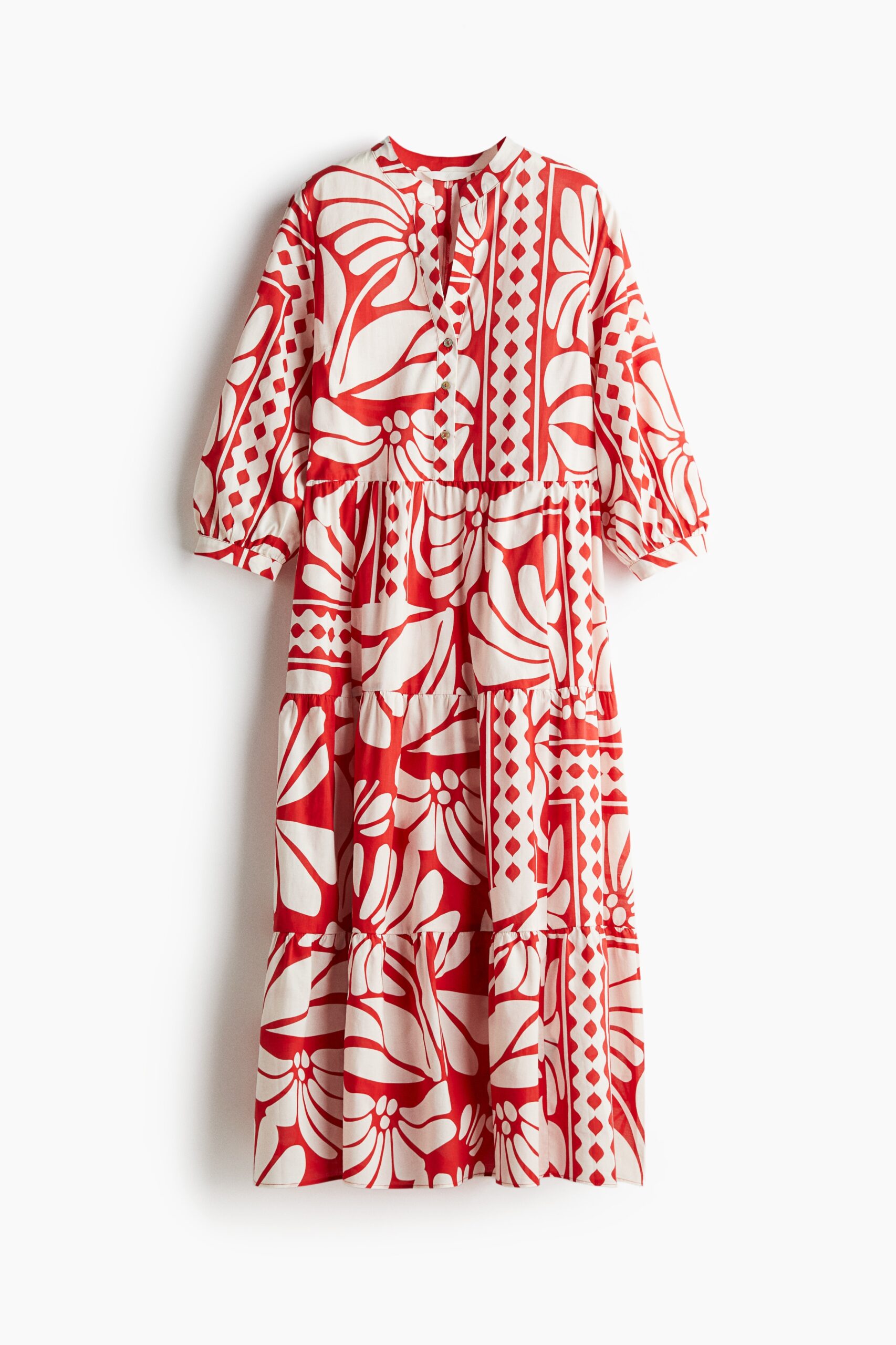 H & M - Halflange strokenjurk - Helderrood/Dessin