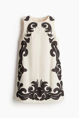 H & M - Shift-jurk met borduursel - Roomwit/Zwart